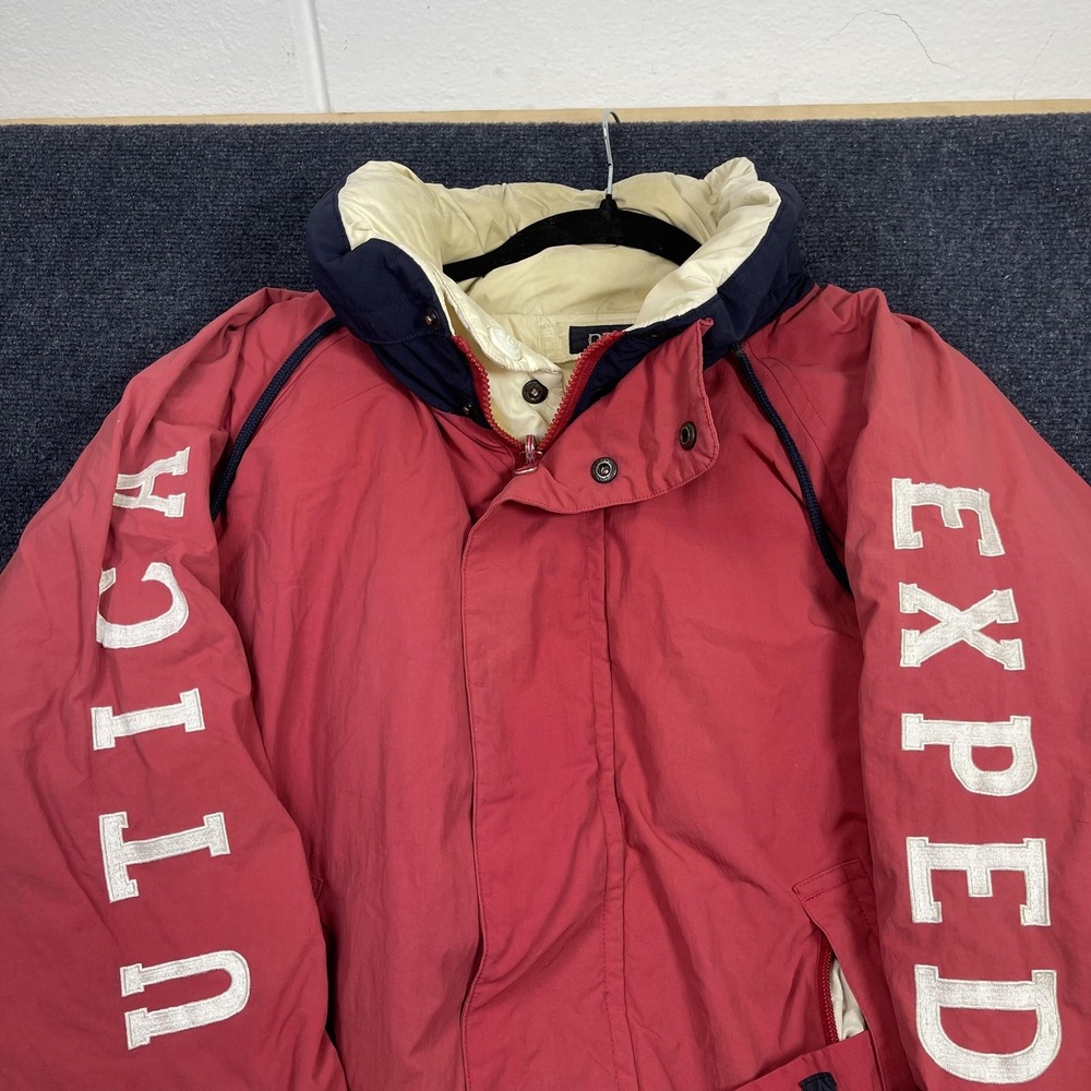 Vintage Nautica Jacket Mens Large Red Expedition Down Puffer Hooded Reversable